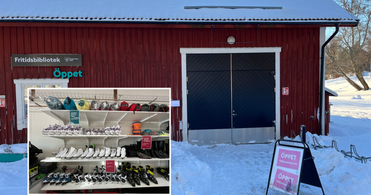 bild på byggnad med skylt om fritidsbibliotek och liten infälld bild med vinterutrustning på