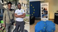 Två bilder i ett: två grabbar från Rinkeby och så en bild med paraplyer med EU-symboler.