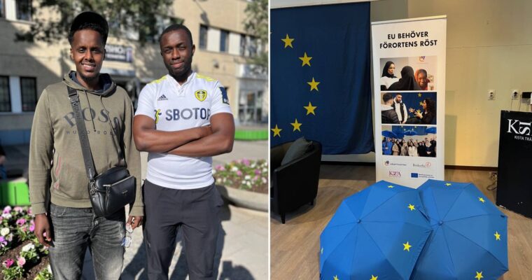 Två bilder i ett: två grabbar från Rinkeby och så en bild med paraplyer med EU-symboler.