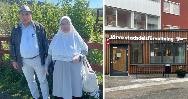 sammanslagen bild med man och kvinna framför kolonilotter och en bild på Järva stadsdelsförvaltnings fasad