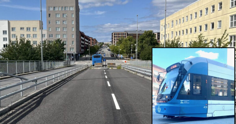 sammanslagen bild på en bro och stadssiluett tillsammans med bild på en spårvagn