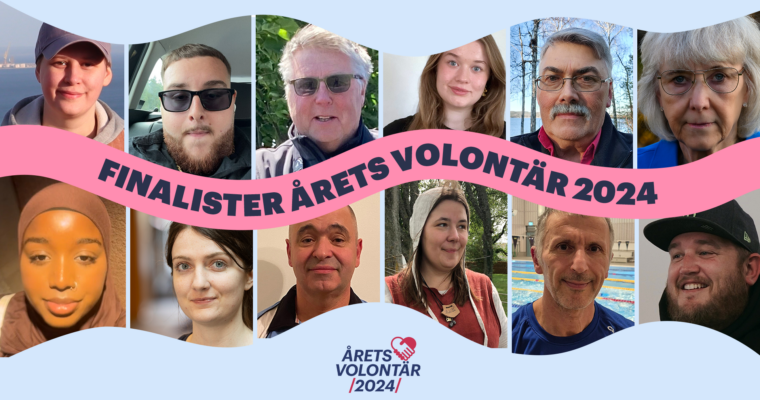 12 små ansiktsporträtt och texten "Finalister årets volontär 2024"