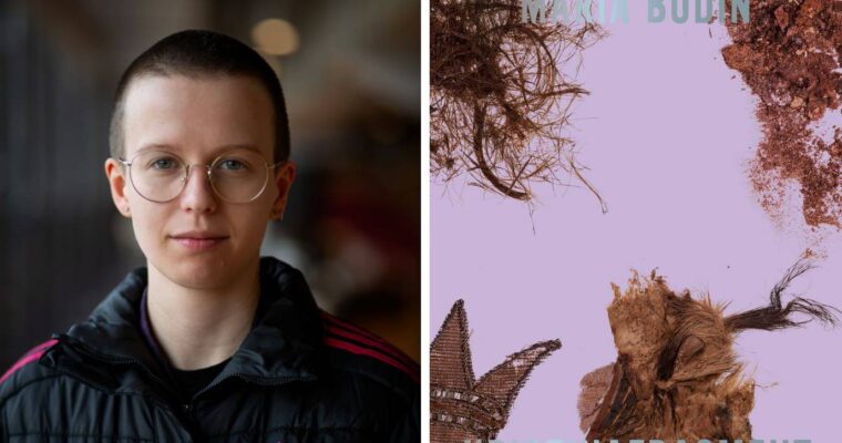sammanslagen bild på person i glasögon och ett bokomslag med texten Maria Bodin och "Kristinafragment"