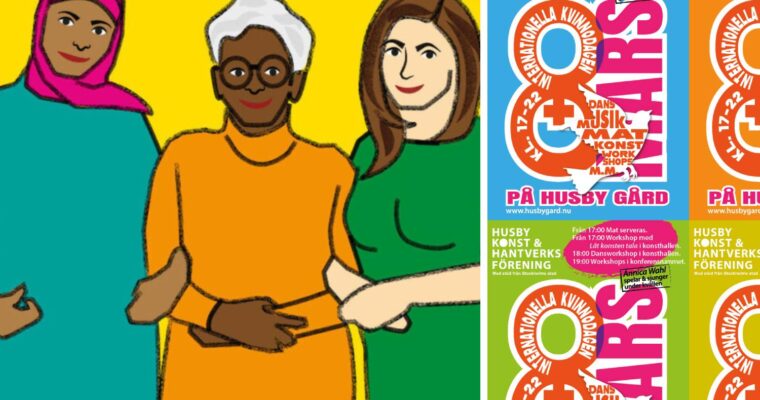 färgglada illustrationer på kvinnor som krokar arm och en affisch för friande av 8 mars