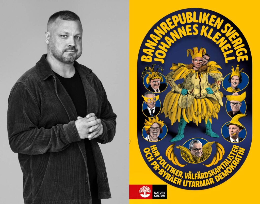 en svartvit bild på en man sammanlagd med ett bokomslag med gul fond och titeln Bananrepubliken Sverige