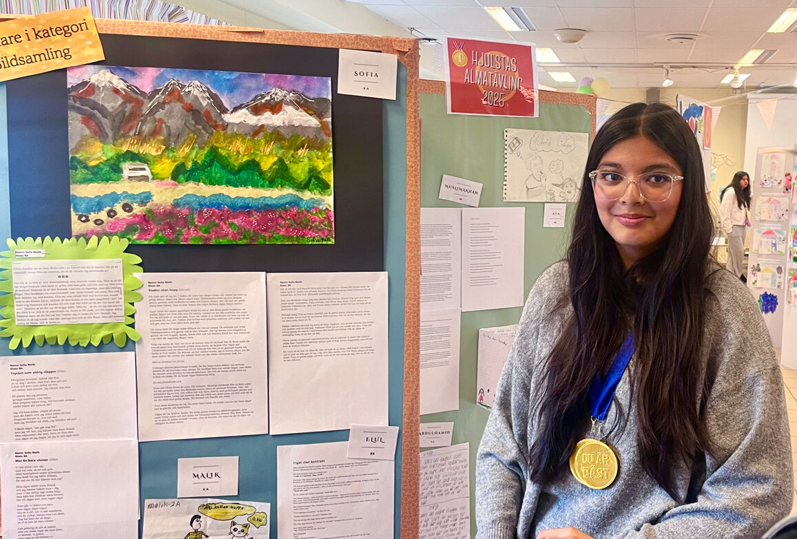 Sofia Malik vann Hjulsta grundskolas egna Almapris i kategorierna bildsamling och poesi