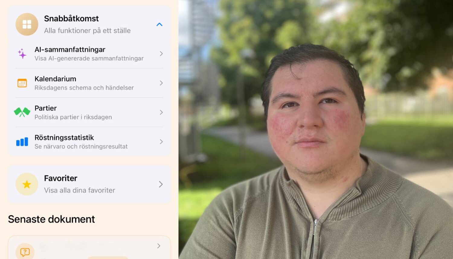 sammanslagen bild av en startsidan i appen Riksdagsinsyn och den man som skapat den