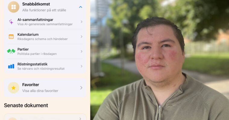 sammanslagen bild av en startsidan i appen Riksdagsinsyn och den man som skapat den