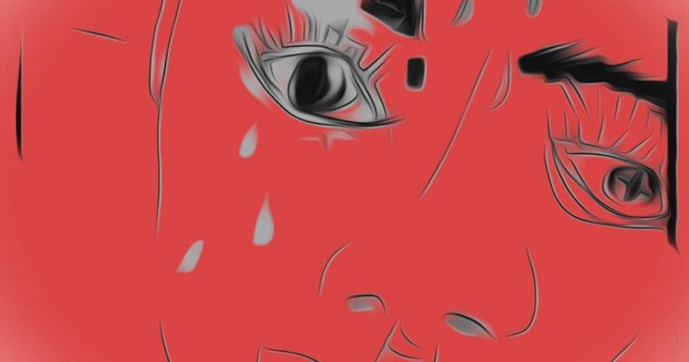 illustration av pojke med tom blick som gråter mot röd bakgrund