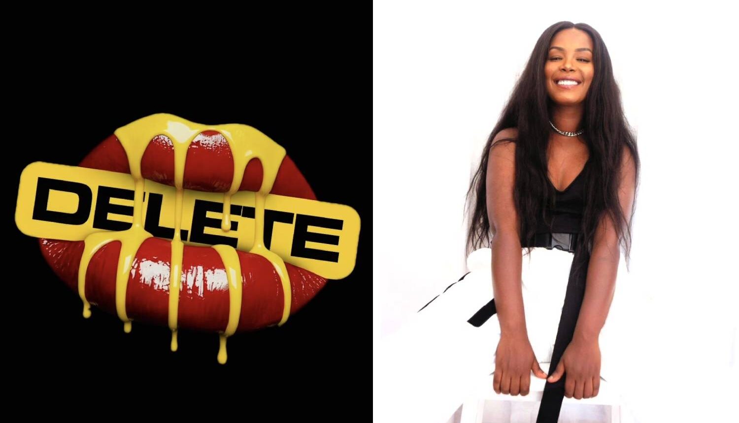 sammanslagen bild på en mun mot svart bakgrund och som biter i en skylt med texten Delete, och en bild på kvinna i vit studio som sitter på en pall och ler