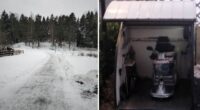 sammanslagen bild av grusad gångväg i snön och en promenadscooter under ett tak