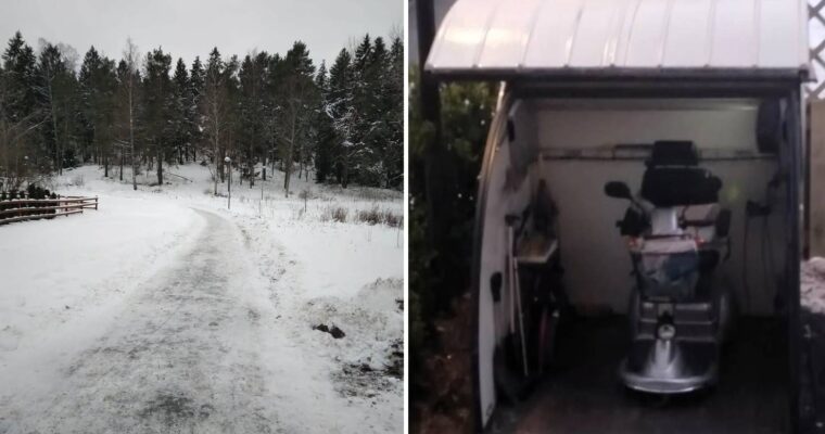 sammanslagen bild av grusad gångväg i snön och en promenadscooter under ett tak