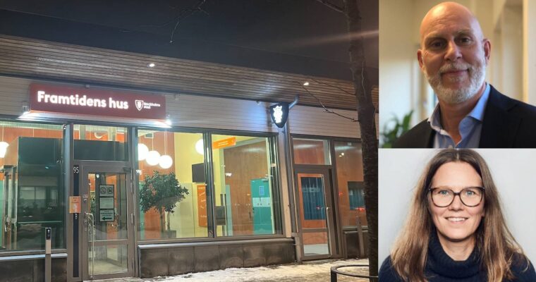 Ett montage med två porträttbilder vida sidan om en bild på Framtidens Hus i Rinkeby.