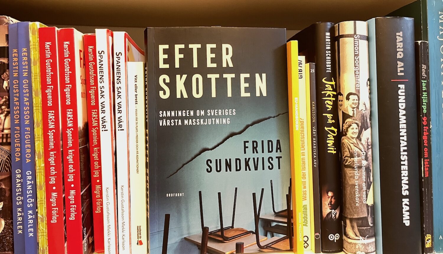 En bok bland många i en bokhylla.