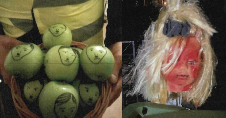 sammanslagen bild på gröna åpplen med hitlerporträtt på och ett rödmålat dockhuvud