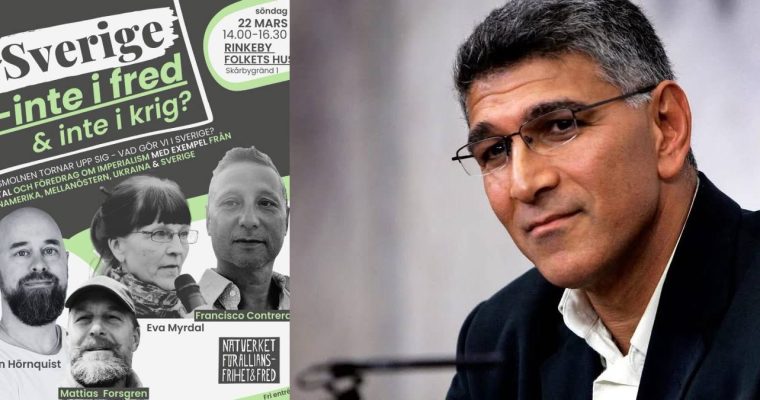 Affischen till mötet och en bild på den tidigare professorn vid Mittuniversitetet Masoud Kamali.