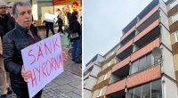 sammanslagen bild med en man som bär en protestsskylt med texten Sänk hyrorna! och en bild på ett höghus