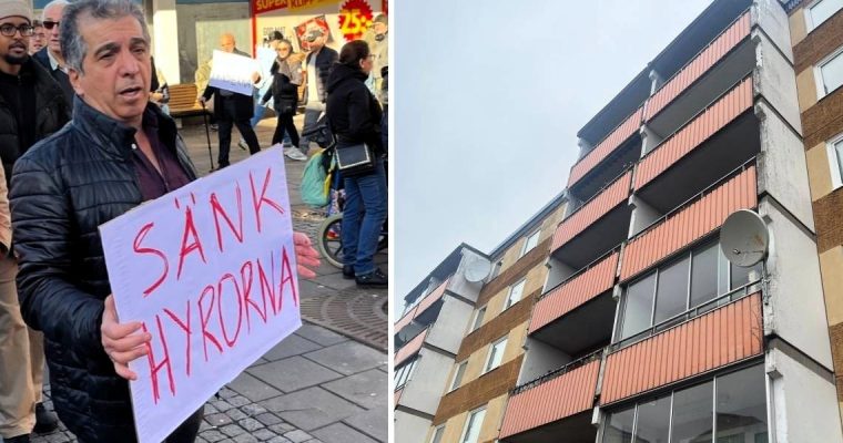 sammanslagen bild med en man som bär en protestsskylt med texten Sänk hyrorna! och en bild på ett höghus