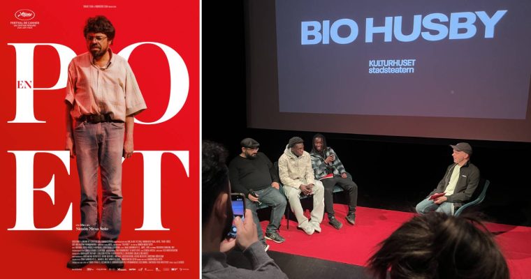 sammanslagen bild av en filmaffisch och ett panelsamtal på en teaterscen