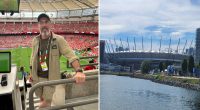 montage med bild på en journalist i en fotbollsarena och en bild på arenan utifrån