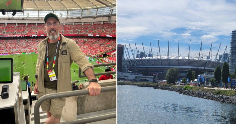 montage med bild på en journalist i en fotbollsarena och en bild på arenan utifrån