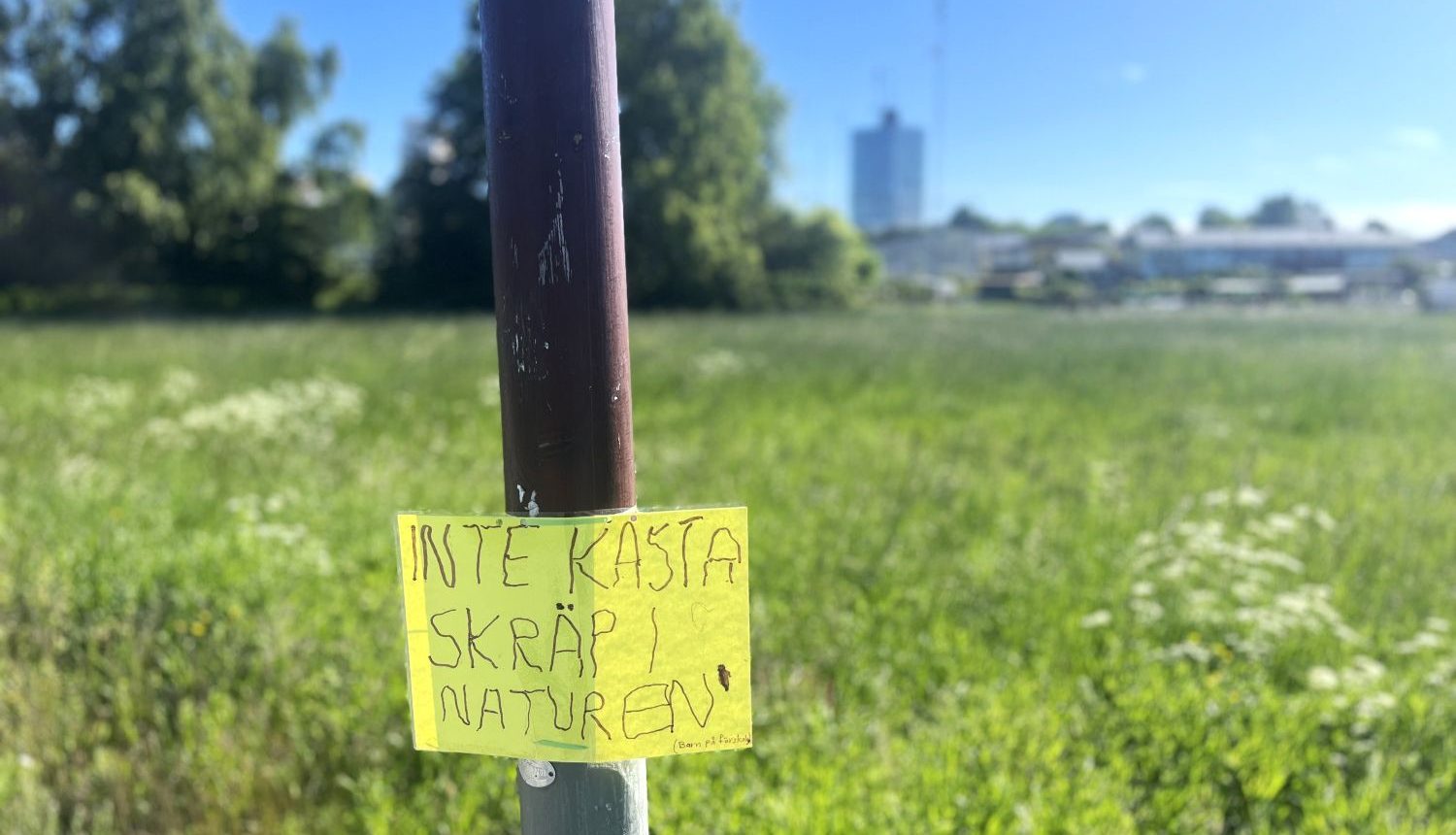handskriven lapp på en lyktstolpe där det står "inte kasta skräp i naturen"