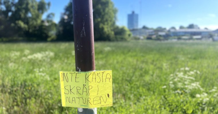 handskriven lapp på en lyktstolpe där det står "inte kasta skräp i naturen"