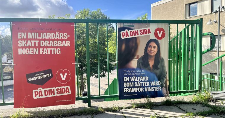 Vänsterpartiets valaffischer i Rinkeby 2026