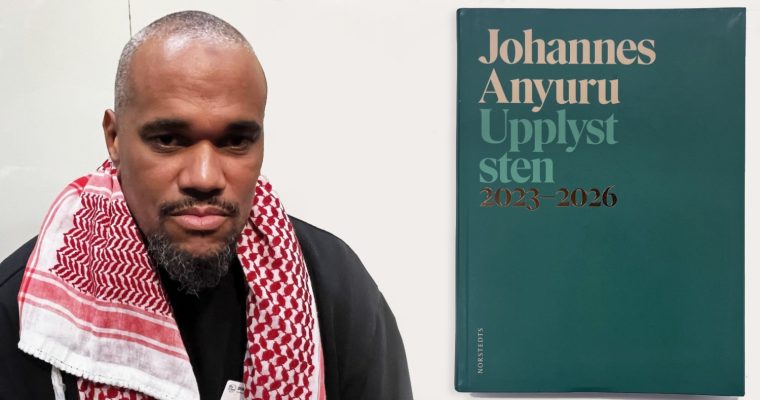Johannes Anyuru i röd palestinasjal. Bild på boken "Upplyst sten" inklippt brevid.